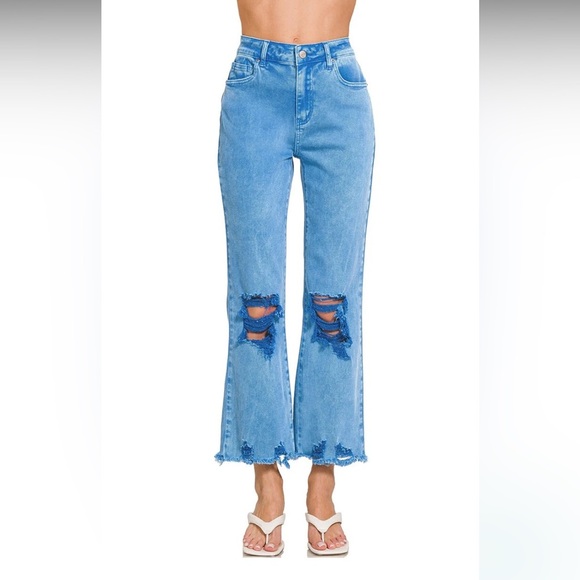 Zenana Outfitters Denim - ZENANA Posey High Waist Destroyed Acid Wash Pants in Ocean Blue